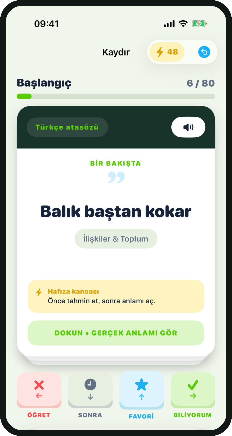 Deyimo uygulamasında bir deyim kartı, anlamı ve örnek cümlesi