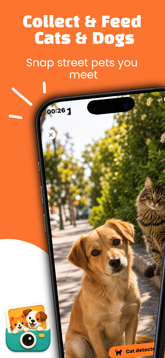SnapPet live camera capture screen showing a cat and dog