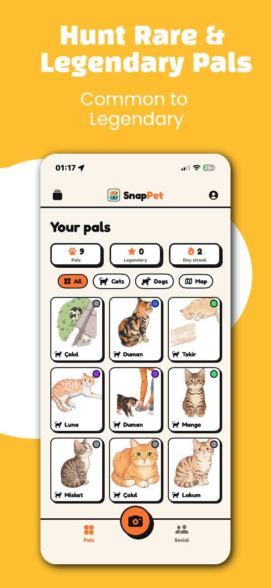 SnapPet collection screen with rare and legendary pals