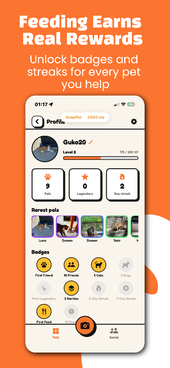 SnapPet profile screen with feeding rewards and badges