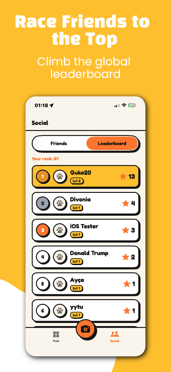 SnapPet social leaderboard screen