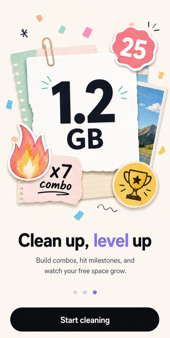 Onboarding screen: a paper collage showing 1.2 GB, a x7 combo and a milestone badge.