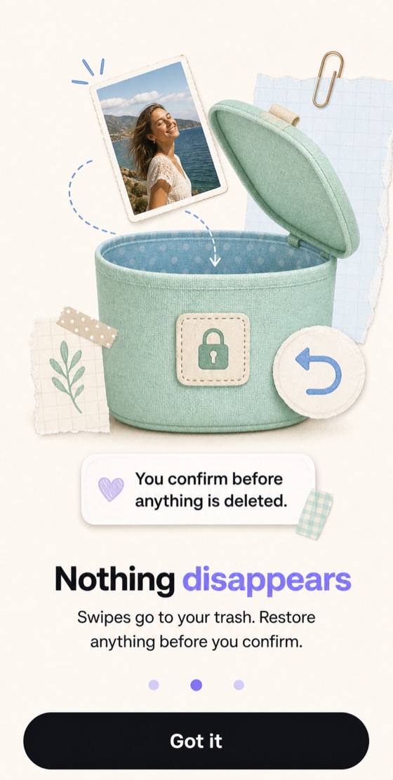Onboarding screen: a photo dropping into a closed basket with a lock and an undo arrow.
