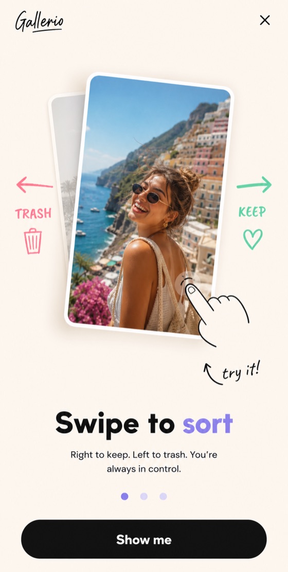 Onboarding screen: a photo card with a Trash arrow on the left and a Keep arrow on the right.