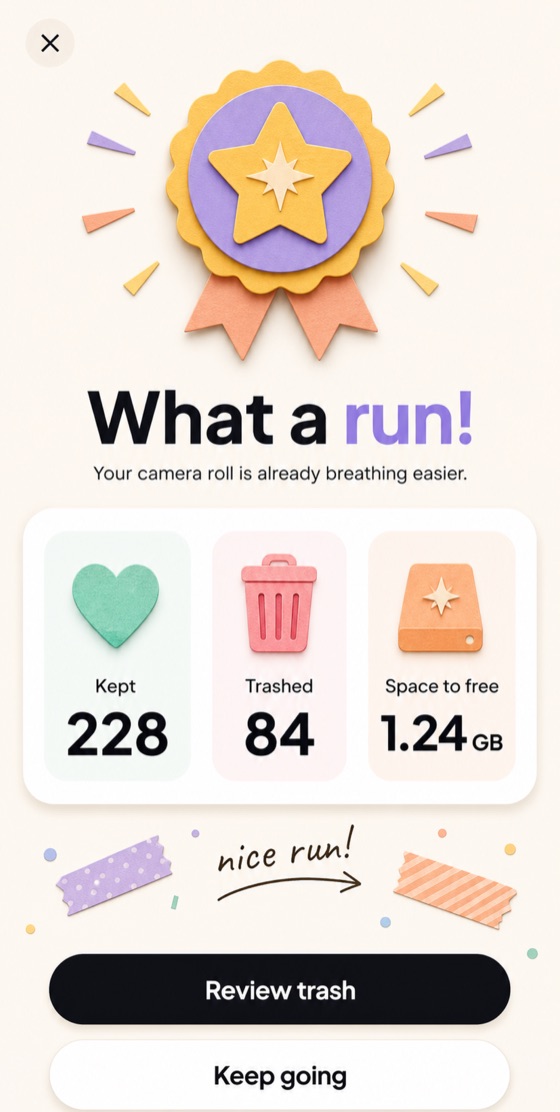 Run summary screen showing 228 kept, 84 trashed and 1.24 GB of space to free.