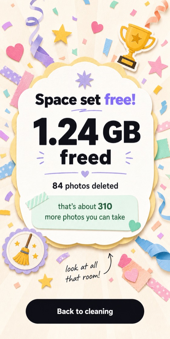 Celebration screen: 1.24 GB freed, 84 photos deleted, about 310 more photos you can take.